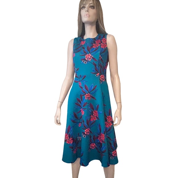 Calvin Klein Fit Flare Scuba Dress Colourful floral print Hip Pockets Full Skirt - Picture 2 of 15